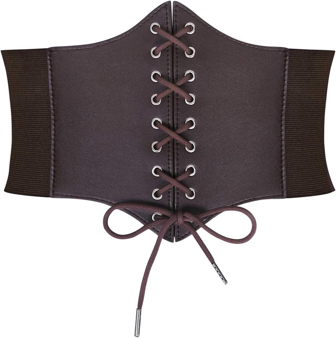 SUOSDEY Black Corset Belt for Women, Vintage Lace-up Elastic Waist, Tied Waspie Wide Belt for Halloween Costume (L: Waist Size 36''-40'', 02-coffee)