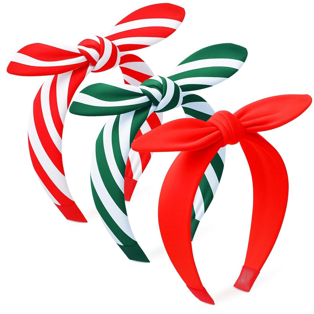 3 Pcs Christmas Headbands for Women Candy Knotted Striped Headband Rabbit Ear Hairband for Women and Girl Hair Accessories (Red,Green,White) (1 Count (Pack of 3))