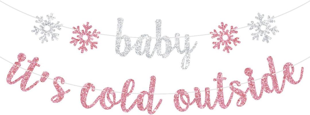 Baby It's Cold Outside Banner, A Little Snowflake is on the Way, Welcome Sweet Snowflake, Winter Girls Baby Shower Gender Reveal Party Decorations Pink Glitter