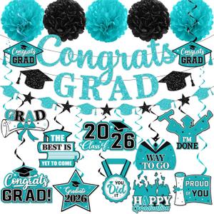 Teal Blue Graduation Decorations 2026,Graduation Decorations Class Of 2026 Teal Blue Graduation Decorations Banner Congrats Grad Hanging Swirls for College Grad Party