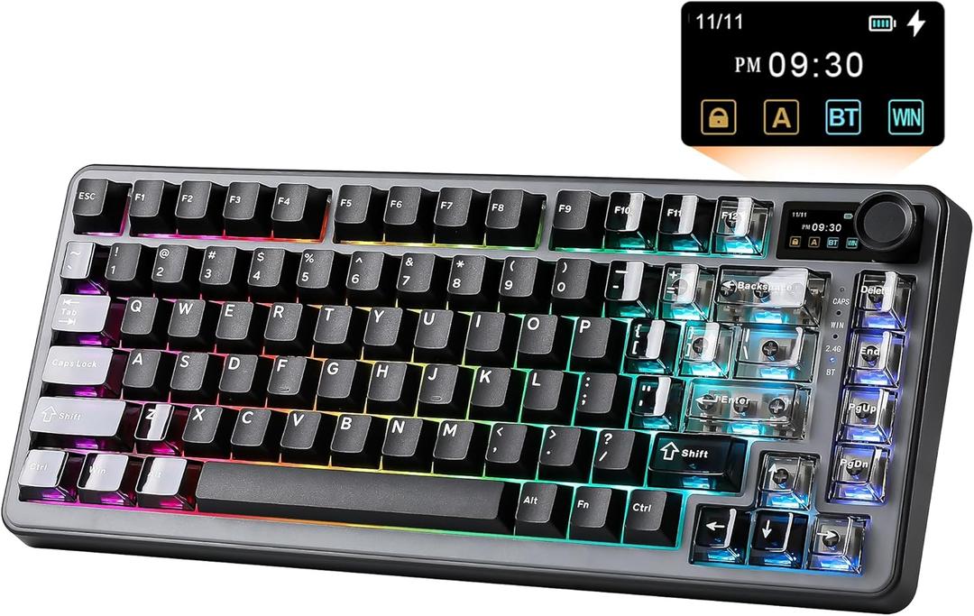 YUNZII B75 PRO MAX QMK/VIA Wireless Mechanical Keyboard,75% Layout with Screen and Knob,Custom Hot Swap Gasket,Creamy Pre-lubed Switches,Bluetooth/Type-C/2.4G for Win/Mac (Black,Cocoa Cream V2 Switch)