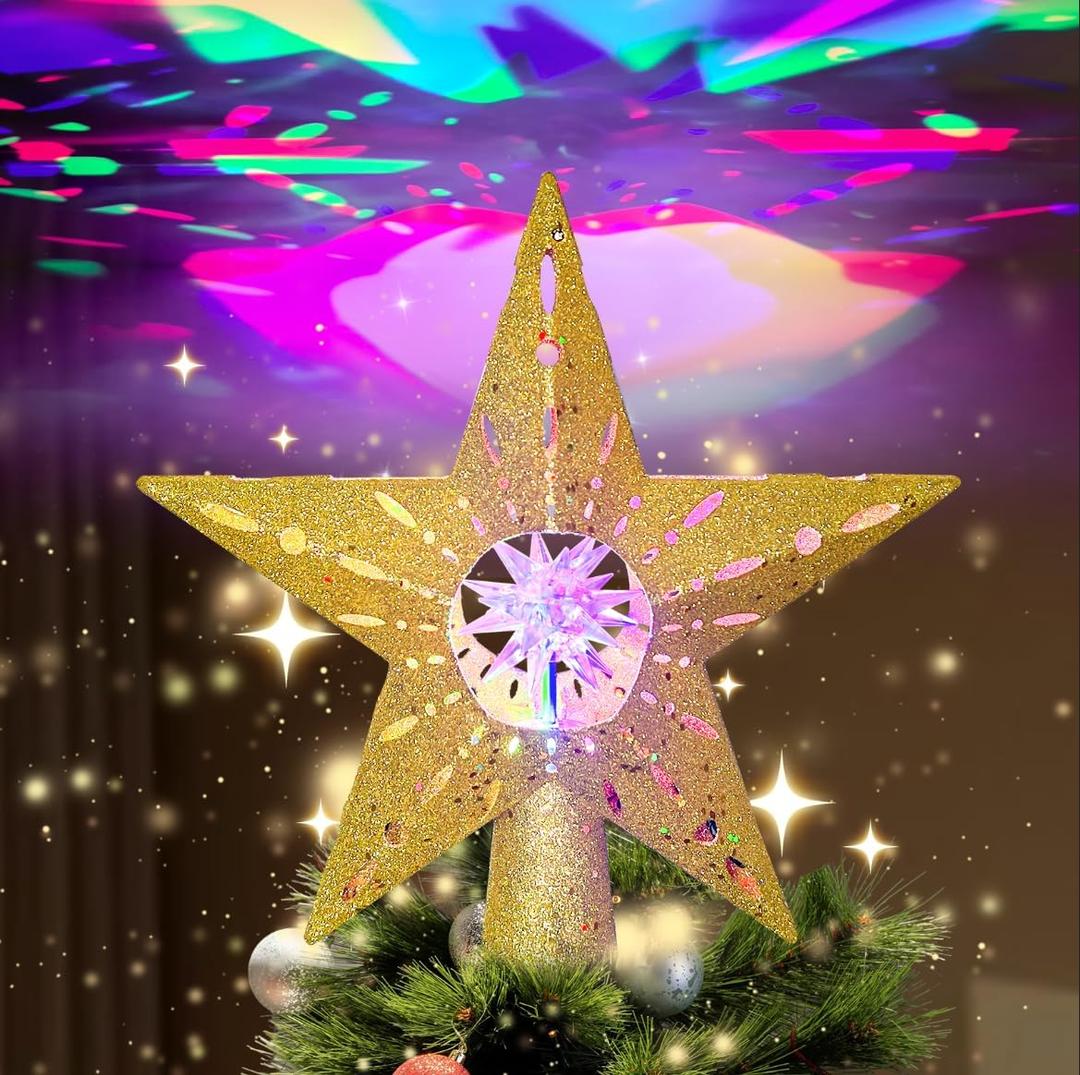 12.2 Inch Gold Bethlehem Christmas Star Tree Topper Projector with RGB Rotatable Projector Lights Gold Star Projector Lights Tree Topper Plug in for Indoor Office Xmas New Year (1 Pattern, 3m Cable)
