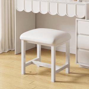White Vanity Stool, Small Vanity Chair, Cute Makeup Bench Seat with Leather Cushioned, Desk Stools for Bedroom, Bathroom, Entryway, Living Room, Office