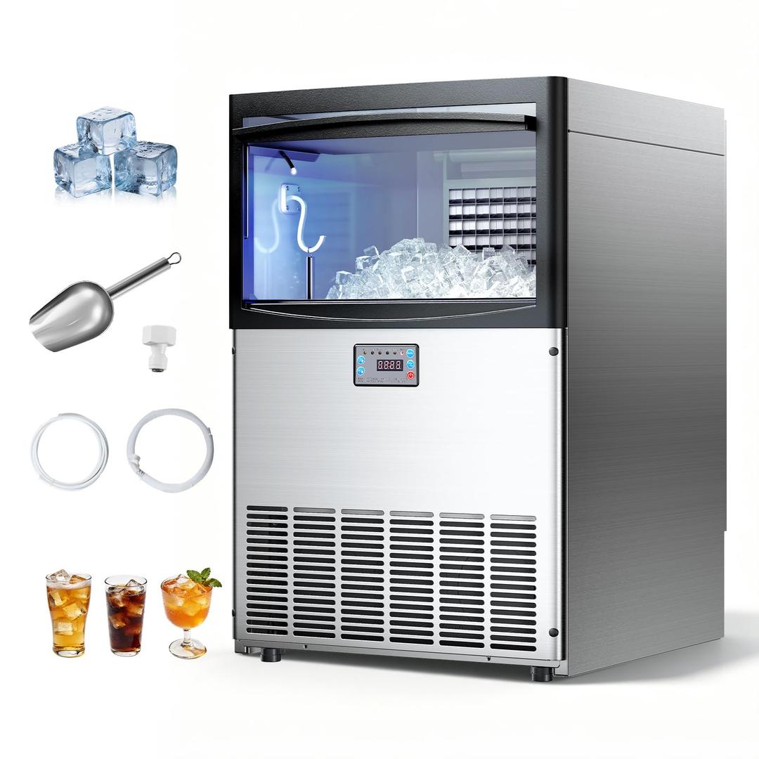 VEVOR Commercial Ice Maker Machine, 200 lbs/24h with 50 lbs Storage Capacity, Built-in/Freestanding/Under Counter, Stainless Steel Ice Maker with LED Display & Self-Cleaning, for Home Bar Restaurant