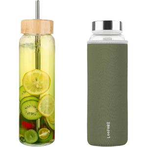 32 oz Glass Water Bottle with Straw - Reusable Eco Friendly Bpa Free - Borosilicate Glass Water Bottles with 2 Lids & Neoprene Sleeve - for Gym, Sports & Workout, Daily - 1 Pack