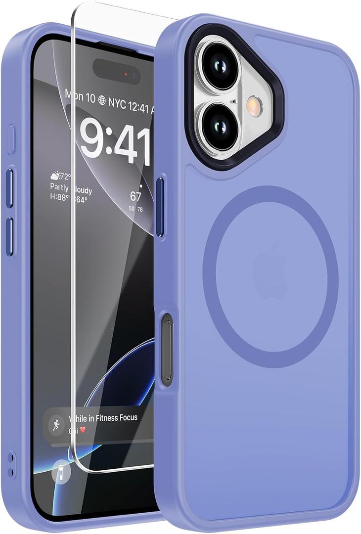 DEERLAMN Magnetic Matte Case for iPhone 16 with Screen Protector, [Compatible with MagSafe][Military Grade Drop Protection] Slim Translucent Shockproof Protective Phone Cover, Light Purple