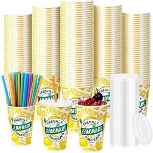 Meanplan 300 Pieces/100 Sets Lemonade Cups with Lids and Straws Disposable Cups for Party Decorative Lemon Paper Cup Lemonade Stand Supplies for Water Juice Kitchen Coffee Birthday Decorations (12 oz)
