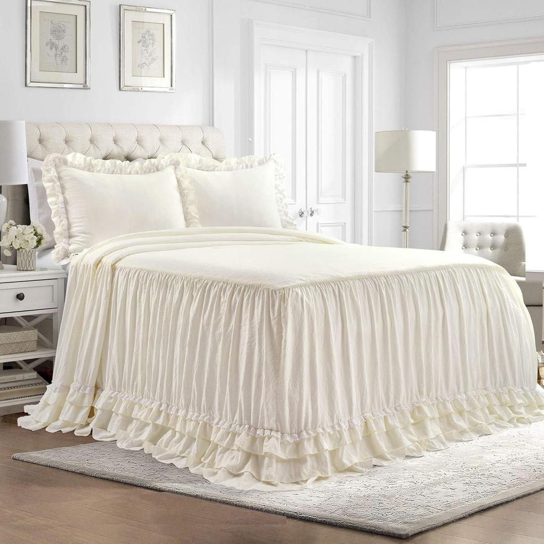 Lush Decor Ella Ruffle Lace Bedspread, 3 Piece Set, King, Ivory - Cute Bed Set - King Bedding - White Bedding - Coquette Decor - Neutral Ruffle Trim - White Lace Trim