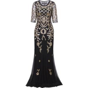Vijiv Vintage 1920s Long Wedding Prom Dresses 2/3 Sleeve Sequin Party Evening Gown (Large, Black Gold)