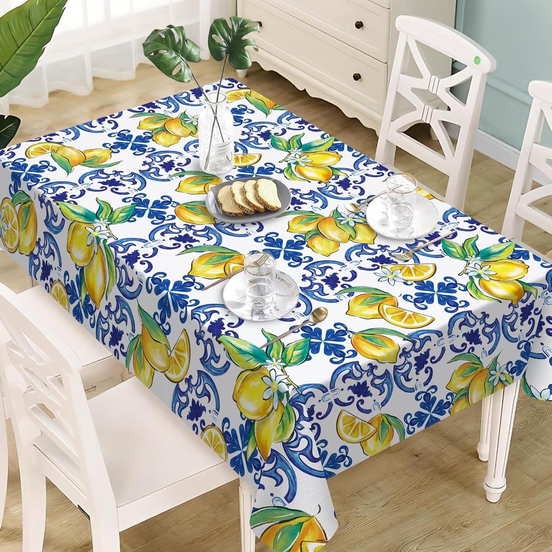 Blue Lemon Italy Tile Pattern Rectangle Tablecloth 60 x 104 Inches, Amalfi Coast Capri Citrus Decorative Dining Table Cloth, Summer Mediterranean Dinner Table Cover Picnic Party Decoration