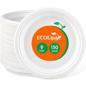 ECOLipak 9 inch 150 Pack Compostable Paper Plates, Heavy Duty Disposable Biodegradable Eco-friendly Sugarcane Bagasse Plates for Party Dinner (White)