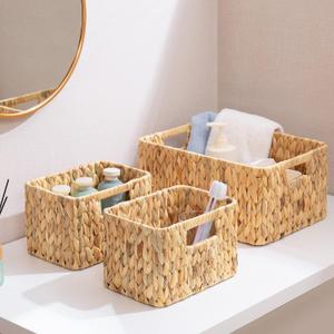 Wicker Storage Basket, 3 Pack Hand-Knitted Wicker Baskets, Water Hyacinth Storage Baskets with Built-in Handles