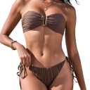 ZAFUL Women's U Wired Bikini Set Textured Bandeau Swimwear Tie Side High Cut Swimsuit Sexy 2 Piece Bathing Suit (Medium, Texture Coffee)