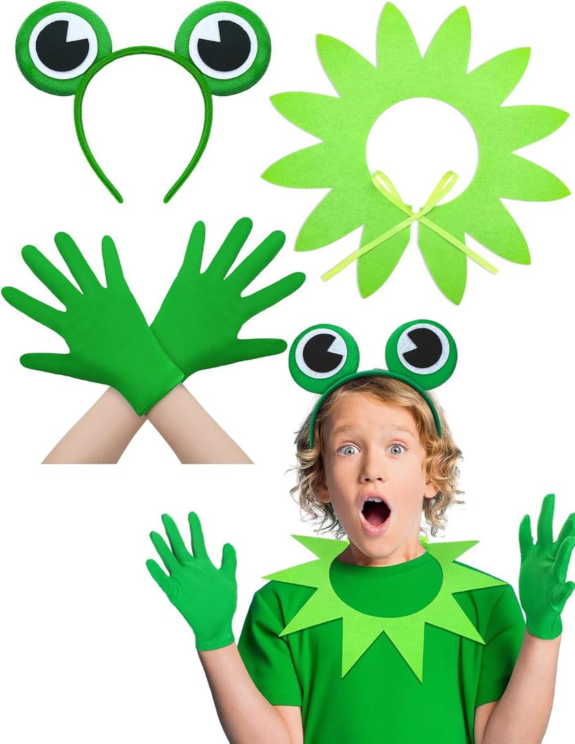 3 Pcs Halloween Frog Costume Accessories for Boys Girls Includes Headband Collar Green Gloves for Halloween Cosplay