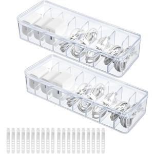 2 Pack Plastic Cord Organizer Box with 20 Wire Ties, Electronics Accessories Storage Case, Clear Cell Phone Cord Storage Organizer with 8 Compartments for Home Office Desk Organizers