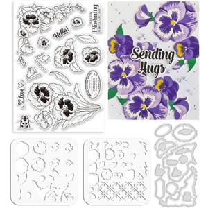 ORIGACH Realistic Pansy Stamps and Dies and Layering Coloring Stencil Set, Silicone Stamps Metal Die Cut and Flower Stencil Template for Card Making Scrapbooking DIY Crafting (Pansies)