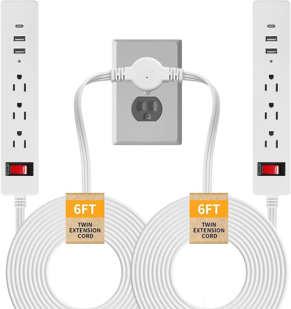 Split Extension Cord 12FT, Twin Flat Plug Power Strip with 6 AC Outlets and 6 USB Ports, 3 Prong Double Extension Cord for Behind Bed, Couch, Nightstands, Vanity and Furniture