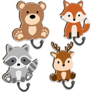 Forest Animal Wall Hook Set of 4 - Bear, Raccoon, Fox and Deer Wooden Coat Rack, Wall-Mounted Towel Hooks for Boys and Girls Bedroom, Suitable for Bathroom Decor, Gift for Granddaughter