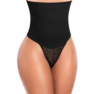 Tummy Control Shapewear Thong for Women High Waisted Body Shaper Underwear Lace Shaping Panties Girdle(B# Black-5, Large)