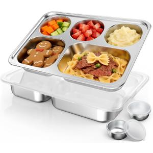 Stainless Steel Divided Plate for Kids Toddler, Non Toxic Portion Control Plate Dinner Plate with Lid for Adults Weight Loss, 2 Pack 5 Sections Rectangular Snack Plate Tray (5C-(10.19*7.0in))