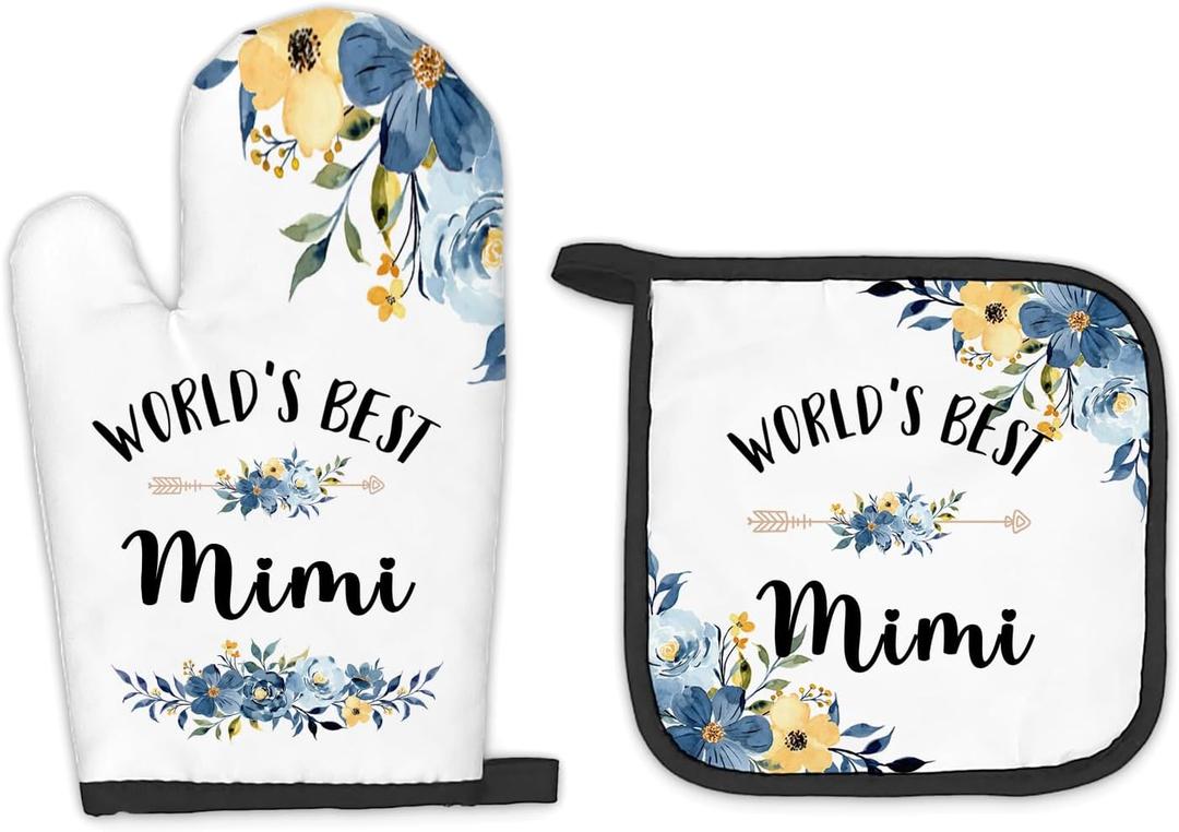 Mimi Gifts Oven Mitts and Pot Holders Sets, Gifts for Mimi from Grandkids Kitchen Decor Accessories Sets, World’s BestMimi Heat Resistant Oven Glove Potholders for Kitchen Cooking Baking BBQ