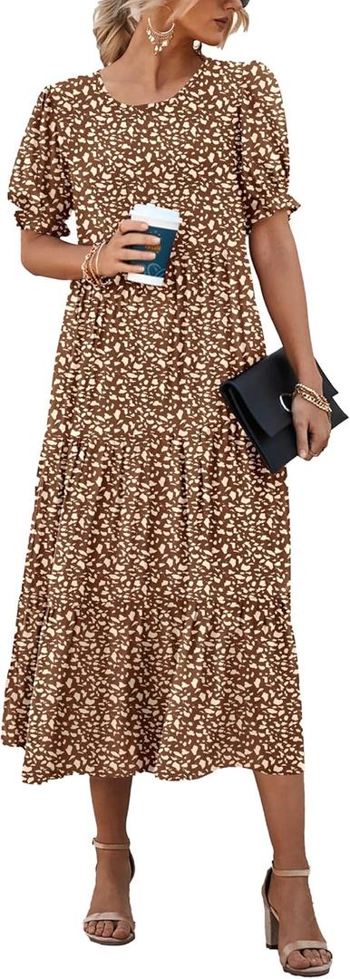 PRETTYGARDEN Summer Dresses for Women 2025 Casual Floral Boho Midi Sun Dress Puff Short Sleeve Flowy Beach Vacation Sundress (Small, Coffee Apricot Leopard)