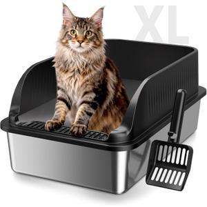Extra Large Stainless Steel Litter Box with Lid, XL Odor Free Metal Litter Box with High Sides for Big Cats, Open Top Easy Cleaning Kitty Box Anti-Urine Leakage, Non-Sticky, Include Scoop, Black