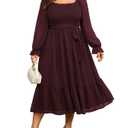 SCOMCHIC Women's Plus Size Dress Long Sleeve Square Neck Swiss Dot Chiffon Dress Smocked A Line Ruffle Fall Maxi Dresses Burgundy, 3XL