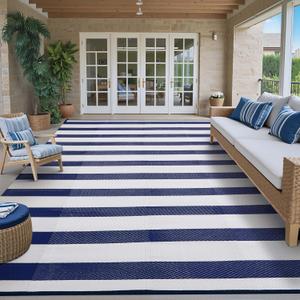PureCozy Outdoor Waterproof Patio Rug 10x14 Plastic Straw Reversible Lightweight Outside Navy Blue Striped Large Carpet Outdoor for Camping RV Porch Deck Balcony Beach
