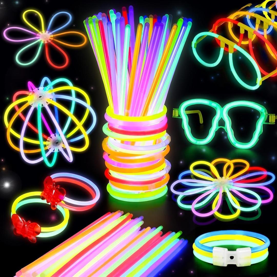 BUDI 467Pcs Glow Sticks Party Favors for Kids Adults Glow in the Dark Party Supplies 4th of July Accessories Neon Decors 200 Glow Sticks Bulk 8 Colors 8 Inch & 267 Connectors Necklace Bracelet Glasses