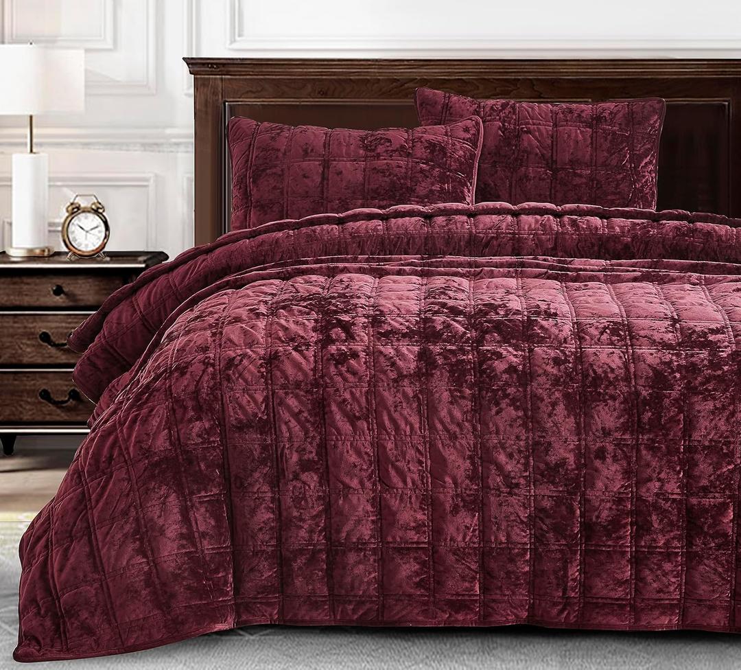 Chezmoi Collection Piers Burgundy Velvet Quilt King Set, 3-Piece Lush Plush Distressed Velvet Bedding All Season Lightweight Comforter - Brushed Microfiber Reverse with Double Square Stitch