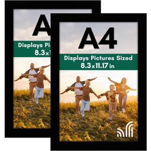 Americanflat A4 Picture Frame with Shatter-Resistant Glass - Set of 2-8.3x11.7 Frame with Engineered Wood - Signature Collection - A4 Frames for Tabletop and Wall Display - Black