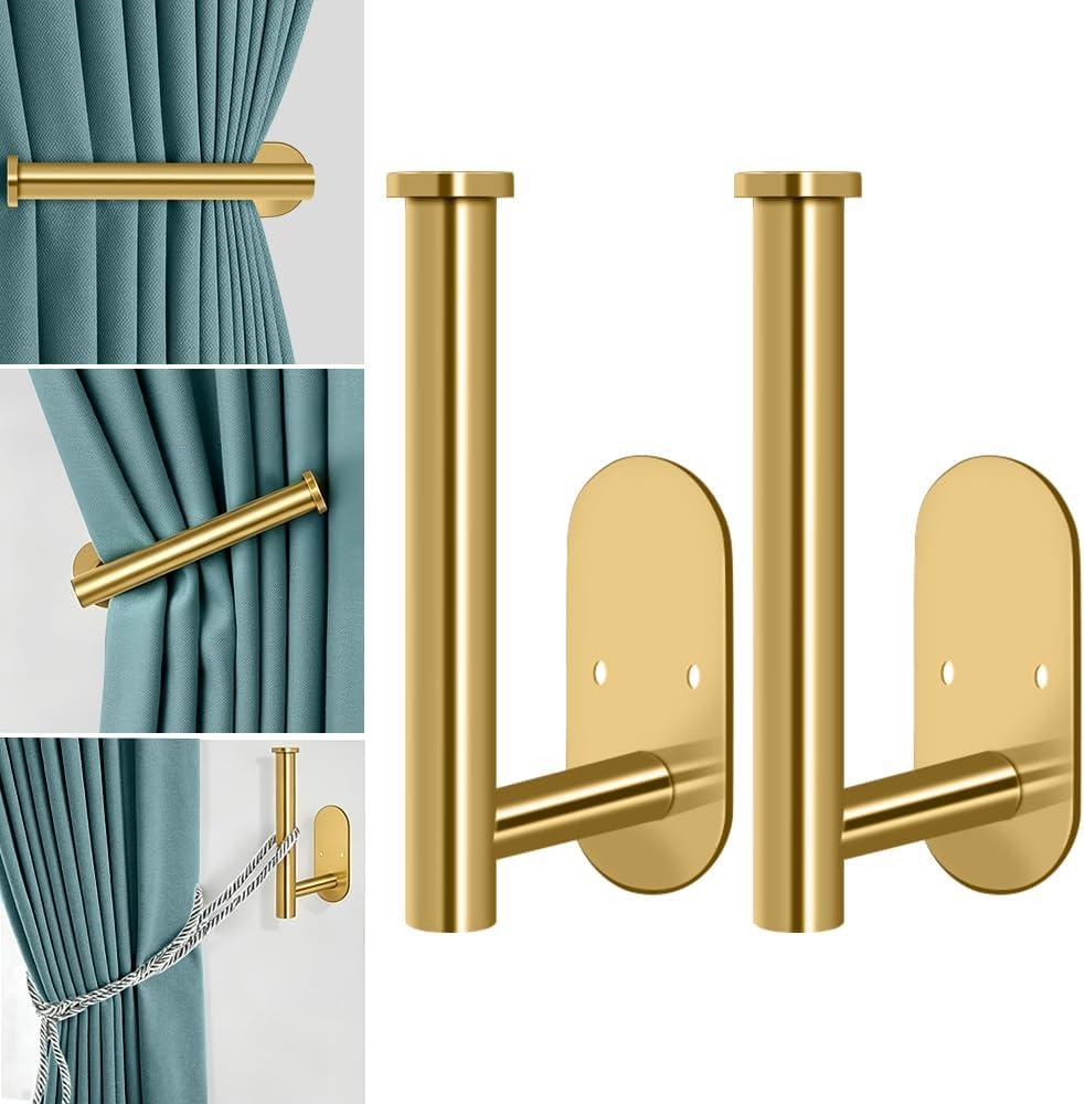 MGahyi Curtain Tiebacks, 2pcs Adhesive and Screw-in Curtain Holdbacks Curtain Holders for Wall Mounted Curtain Pull Backs, Gold Adhesive Curtain Hooks for Drapes