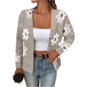 SHENHE Women's Floral Print Button Down Cardigan V Neck Drop Shoulder Knit Outerwear Khaki A Small