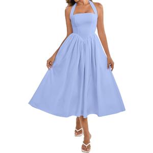 Parthea Women's Floral Halter Corset Midi Dress 2026 Elegant Smocked Flowy Wedding Guest Dresses with Pockets (Medium, Blue)