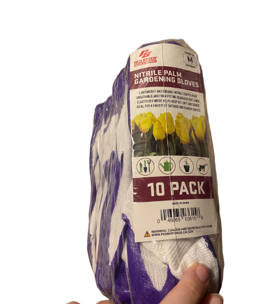 RED STEER GLOVE COMPANY, NITRILE PALM GARDENING GLOVES,PACK OF 10, (White& Purple)