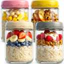 16oz 4Pack Glass Overnight Oats Jars Containers with Airtight Leakproof Lids, Reusable Mason Jars for Meal Prep, Yogurt Parfaits, Smoothies, Salads & Healthy Breakfasts (16 OZ-4-2)