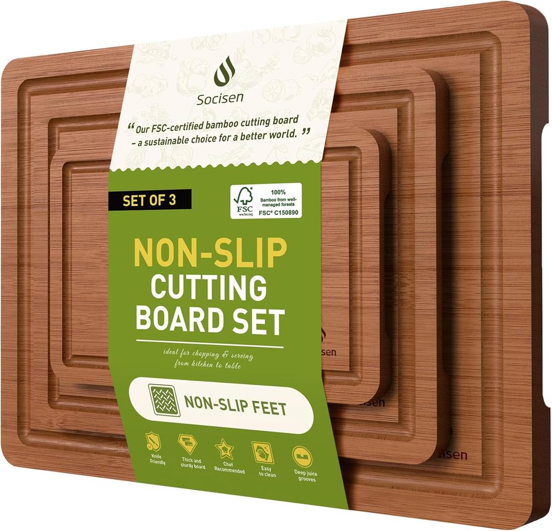 3 Packs Bamboo Cutting Board Set with Non Slip Feet and Over Sink Nice Solid Thick Wood Juice Groove Chopping Board Extra Large Big Small Best Hardwood Kitchen Counter Organic Vegetable (Brown)