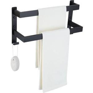 Double Towel Bar Towel Racks for Bathroom, Bath Towel Holders Wall Mount, Stainless Steel Towels Shelves Towel Rail, 2-Tiers (Matte Black, 16 Inches)