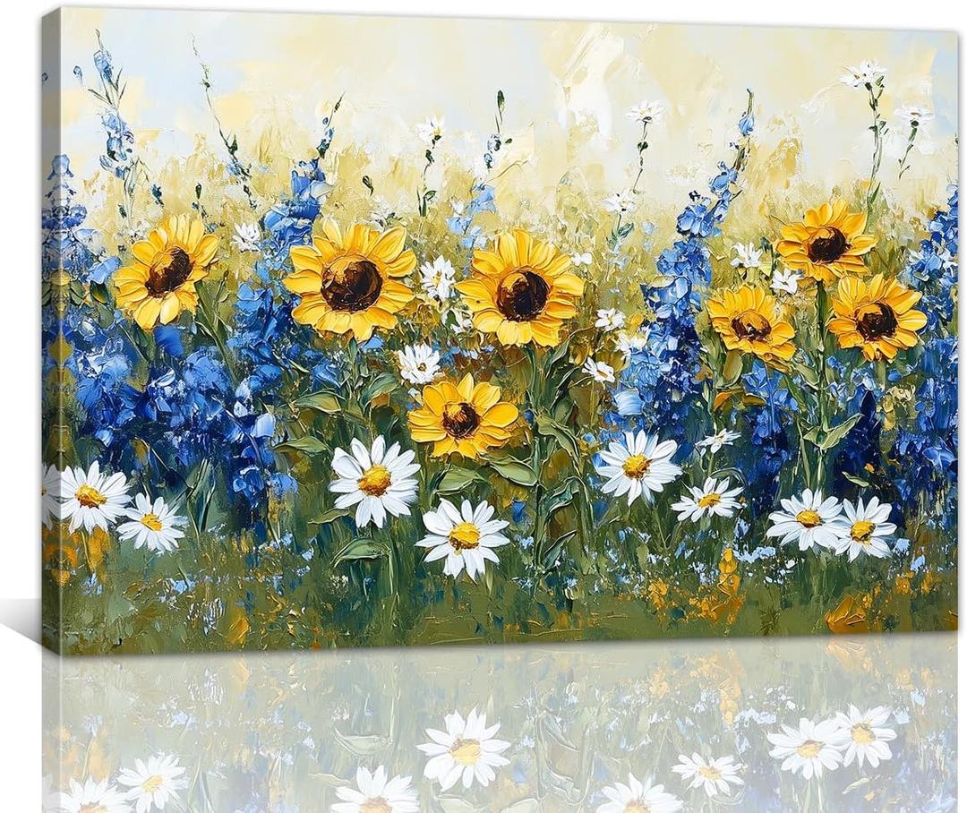 Flower Canvas Wall Art Abstract Sunflower Lavender Daisy Pictures Wall Decor Prints Wildflower Paintings Colorful Floral Poster for Bathroom Decor Framed(Flower-2,12L x 18W)