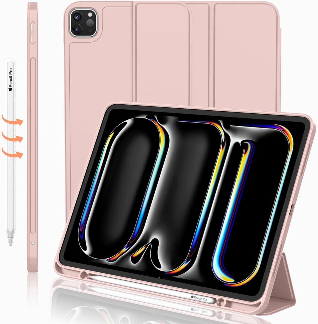 IMieet Case for iPad Pro 11 Inch (M5) 2025 /(M4) 2024 5th Gen, Trifold Stand Smart Cover with Pencil Holder and Soft TPU Back, Auto Wake/Sleep (Pink)