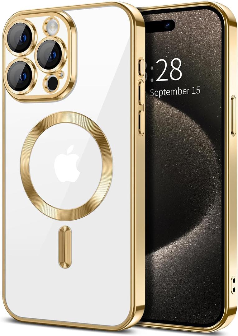 Hython Magnetic Clear for iPhone 15 Pro Max Case with Camera Lens Protector [Compatible with MagSafe] Plating Edge Slim Soft TPU Cover Protective Phone Case for iPhone 15 Pro Max 6.7", Gold