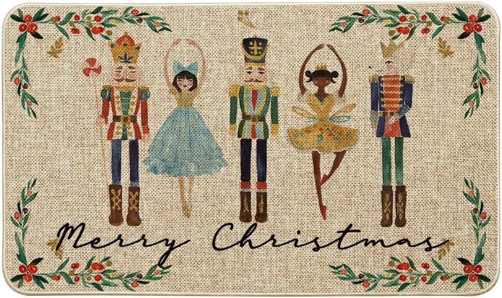Artoid Mode Watercolor Nutcrackers Merry Christmas Doormat, Seasonal Winter Low-Profile Rug Switch Mat for Indoor Outdoor 17x29 Inch (Beige)