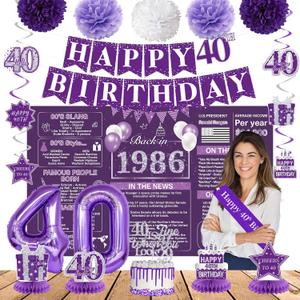 Crenics Purple 40th Birthday Decorations for Women - Back in 1986 Backdrop, Banner, Swirls, Centerpieces, Sash, Paper Pom Poms, Cake Topper and Balloons for 40 Birthday Party Supplies