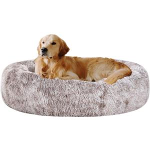Coohom Oval Calming Donut Cuddler Dog Bed,Shag Faux Fur Cat Bed Washable Round Pillow Pet Bed(30"/36"/43") for Small Medium Dogs (XXL(43"x34"x8"), Light Brown)