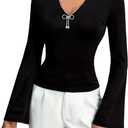 Women's Sparkly Rhinestone V Neck T Shirt Bell Long Sleeve Fitted Going Out Tops (Black, L)