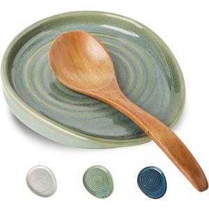 Ceramic Spoon Rest for Stove Top, Spoon Holder for Kitchen Counter, Farmhouse Cooking Utensil Holder for Spoons, Ladles, Spatula, Glazed Green