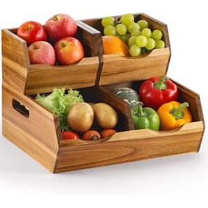 Acacia Wood Pantry Storage Bins - Stackable Open Front Kitchen Baskets with Airflow Vent for Potato, Onion, Fruit, Vegetable, and Bread Storage, Wood Organizer for Pantry and Countertop