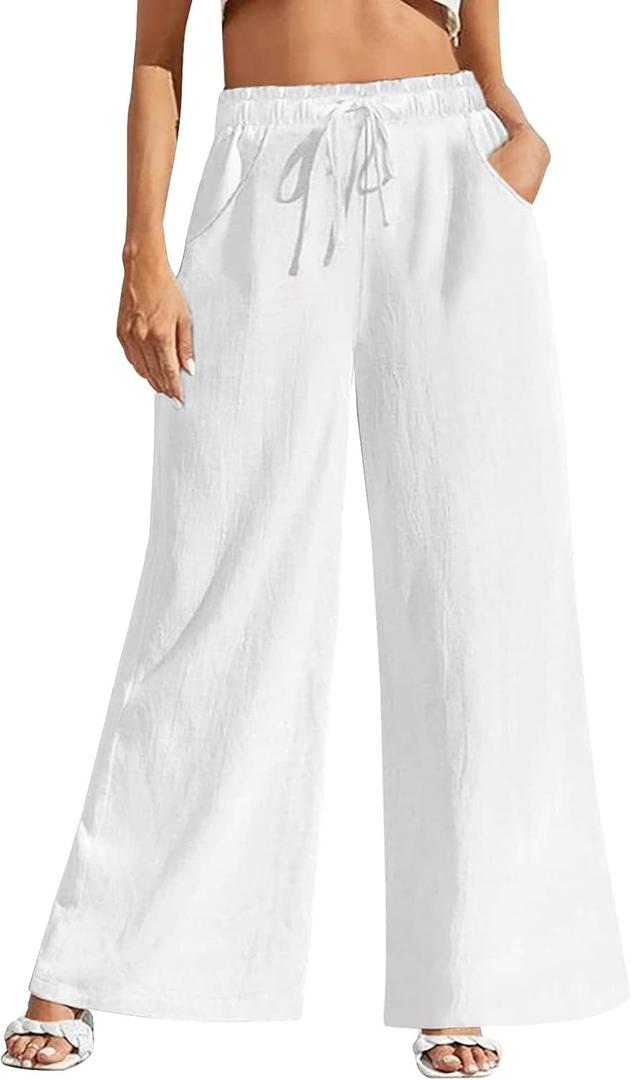 Fancysters Women Wide Leg Linen Pants, High Waisted Summer Casual Cotton Linen Palazzo Pants with Pockets (Small, White)