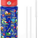 Fimibuke Kids Insulated Water Bottle, 18oz BPA FREE 18/8 Stainless Steel Kids Cup with Straw Travel Tumbler Double Wall Vacuum Leak Proof Toddler Water Bottle for School Boys Girls(1 Pack, Trucks)